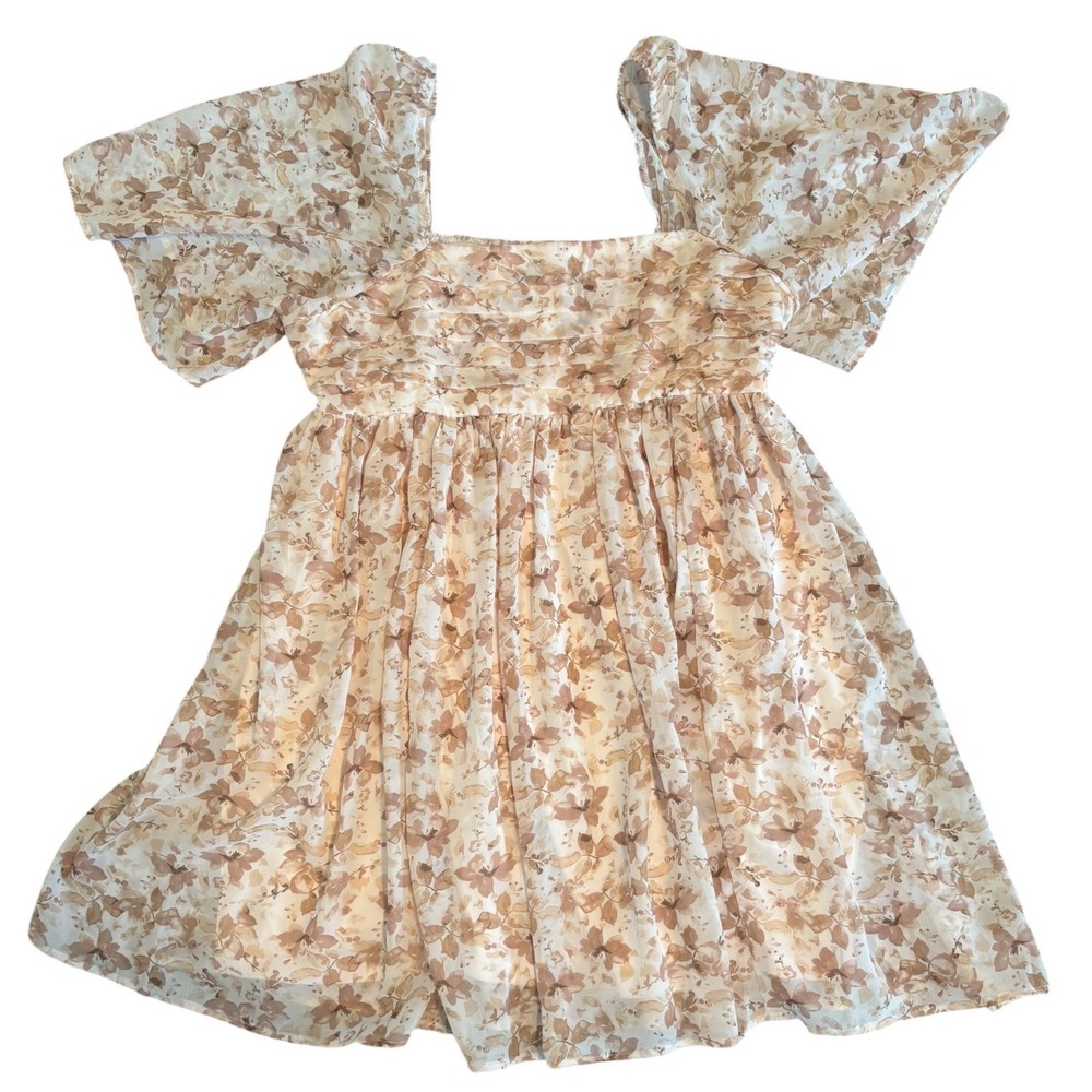 Wallflower Floral Babydoll Mini Dress XL Tan Cream Flutter Sleeve Smocked Back